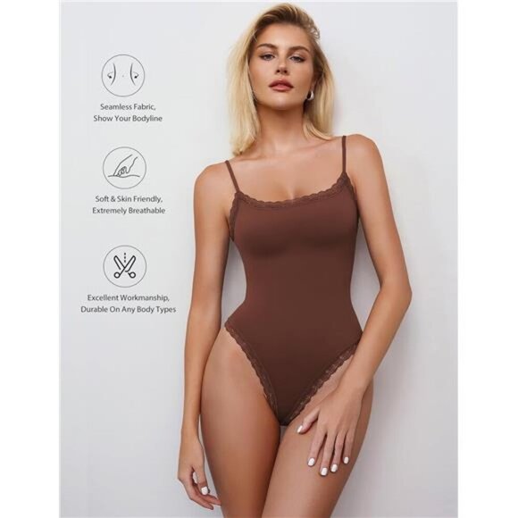 Women Square Neck Lace Bodysuit Sleeveless Coffee - Picture 3 of 6